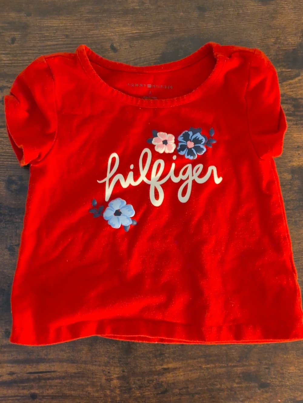 💙2/$20💙 Tommy Hilfiger Red Tee Shirt Blue Floral Logo Short Sleeve 3T